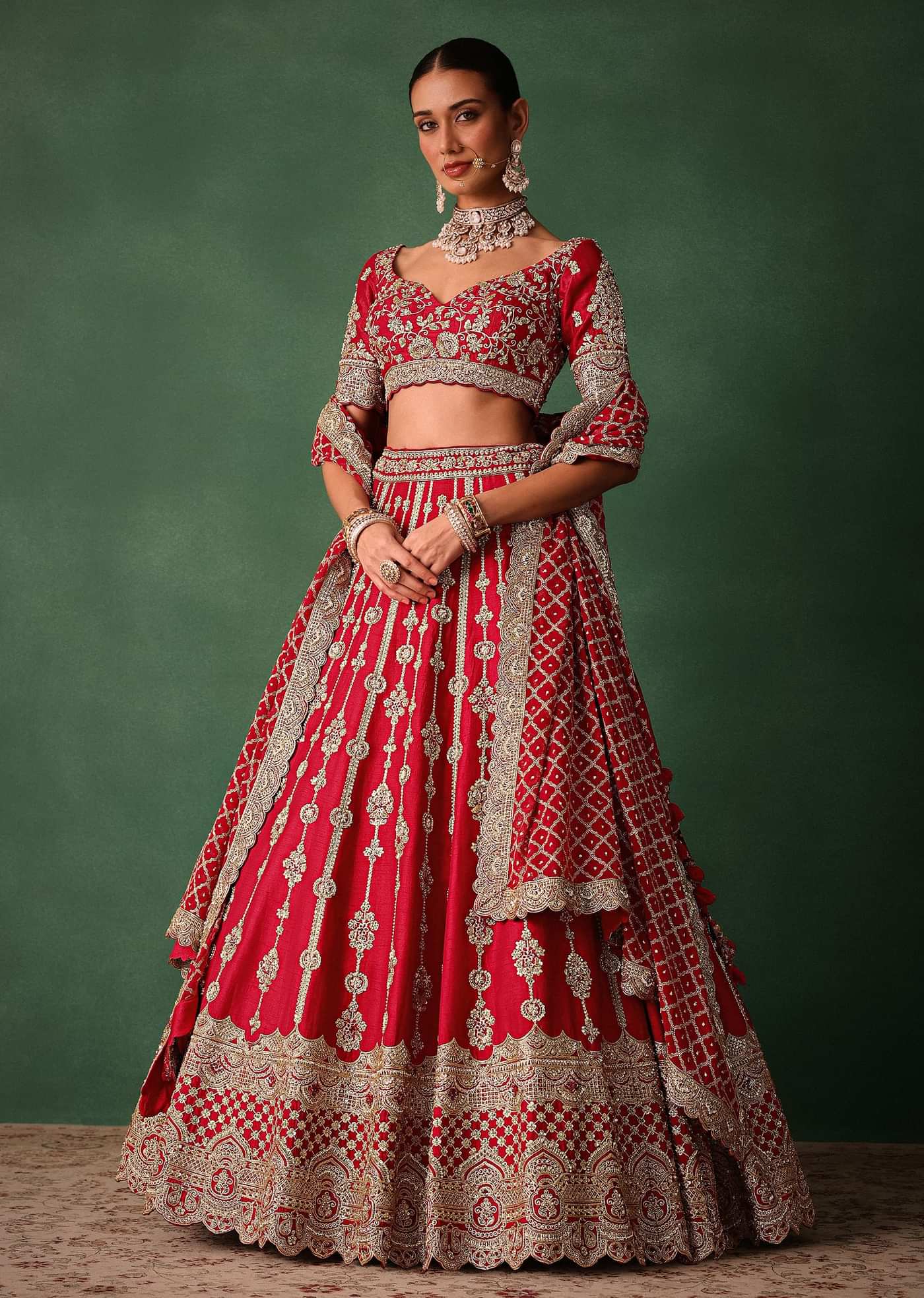 Red Raw Silk Hand Embroidered Lehenga With Net Dupatta