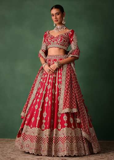 Red Raw Silk Hand Embroidered Lehenga With Net Dupatta