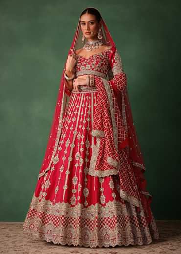 Red Raw Silk Hand Embroidered Lehenga With Net Dupatta