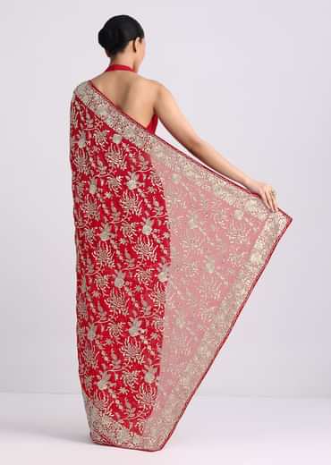 Red Saree In Georgette with Parsi Gara Work