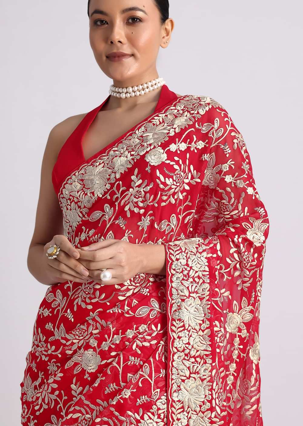 Red Saree In Georgette with Parsi Gara Work