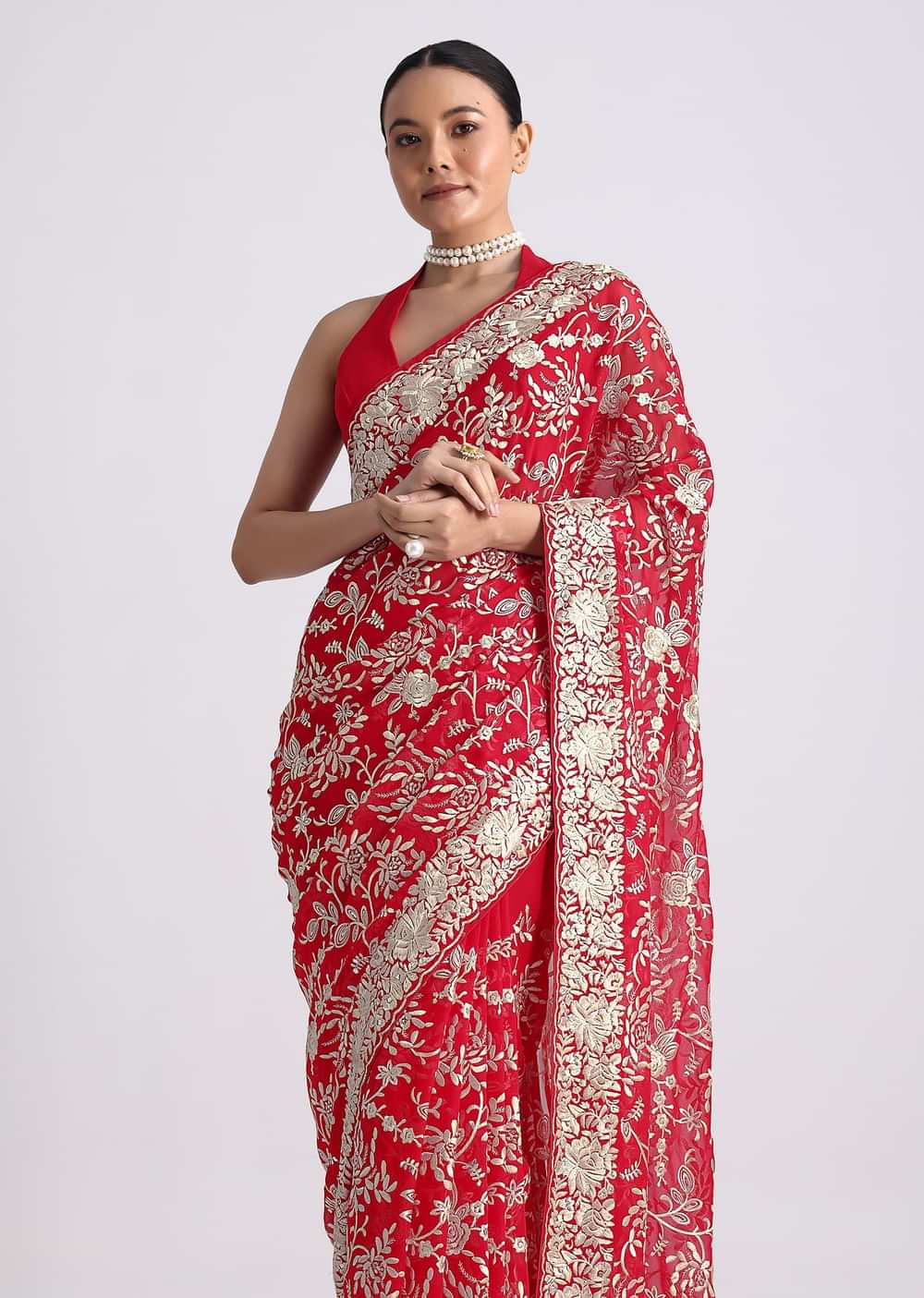Red Saree In Georgette with Parsi Gara Work