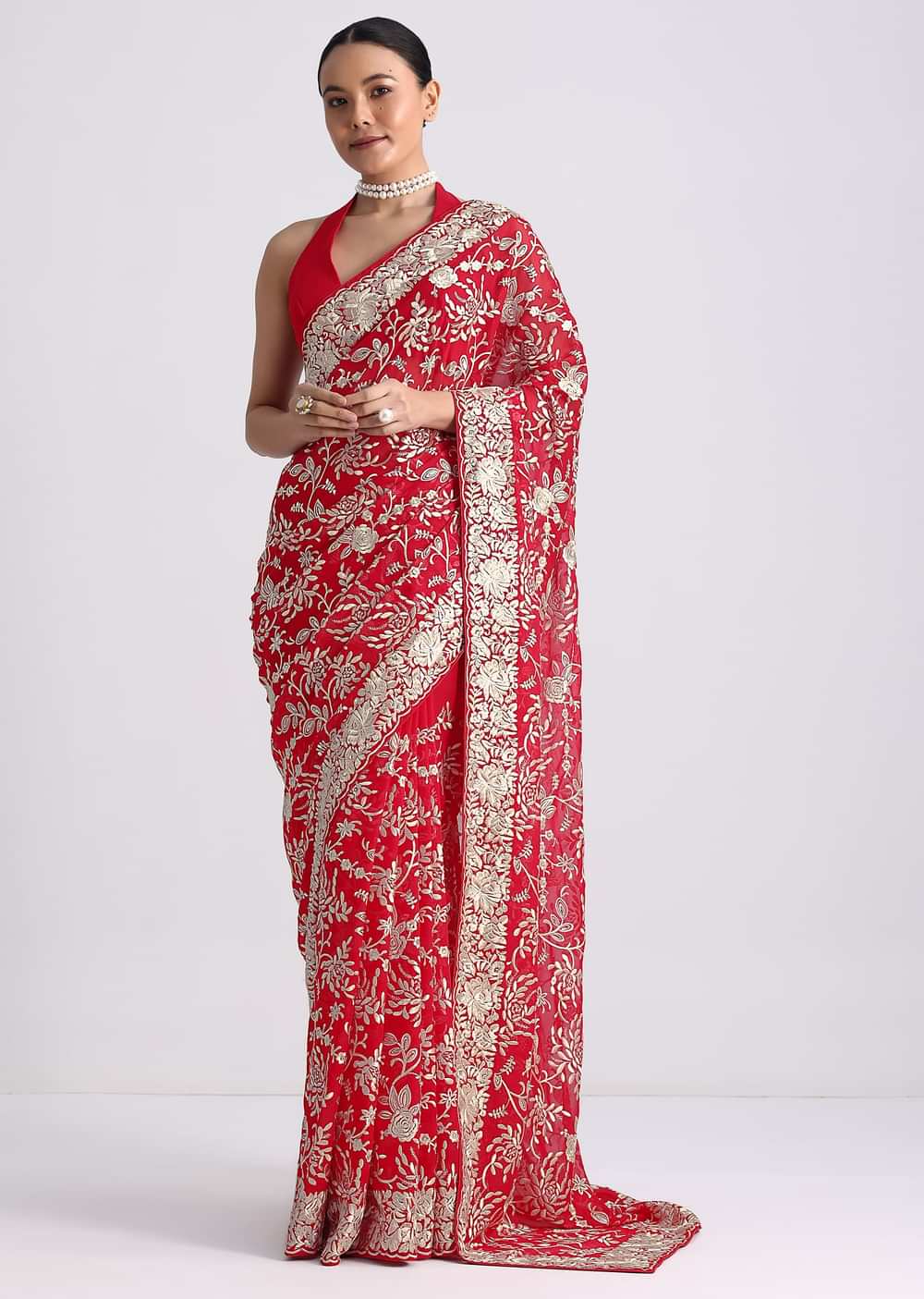 Red Saree In Georgette with Parsi Gara Work