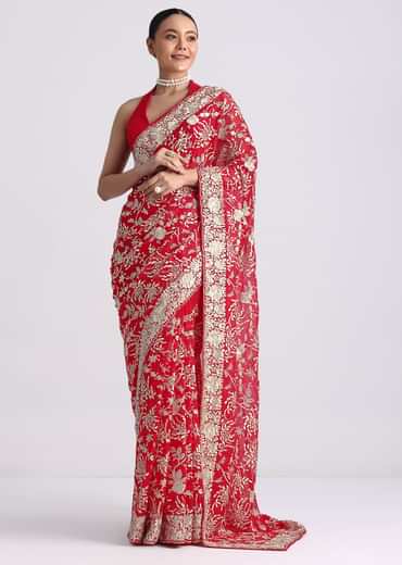 Red Saree In Georgette with Parsi Gara Work
