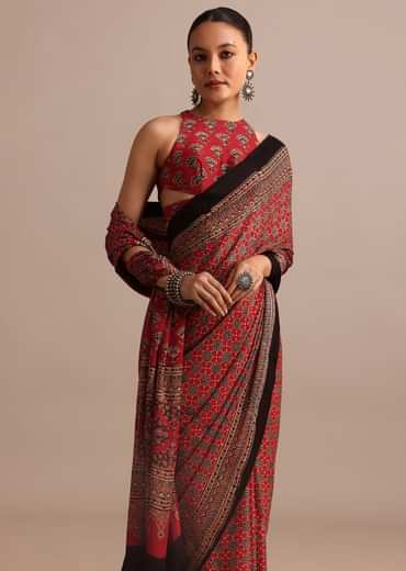 Red Satin Ajrakh Handblock Printed Saree