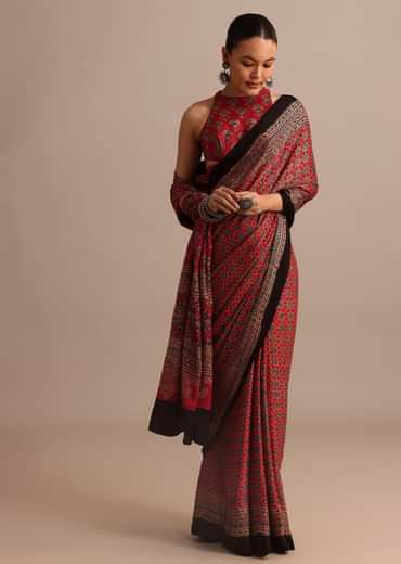 Red Satin Ajrakh Handblock Printed Saree