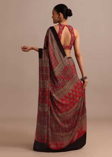Red Satin Ajrakh Handblock Printed Saree