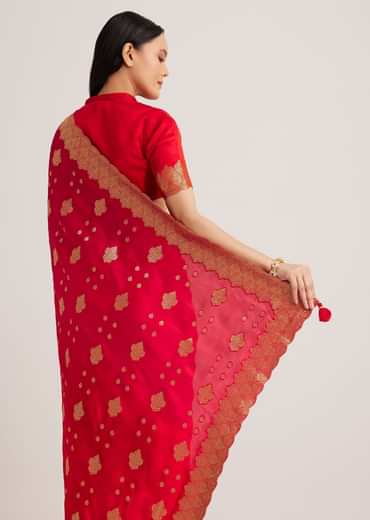Red Satin Silk Butti Woven Saree With Scallop Brocade Border
