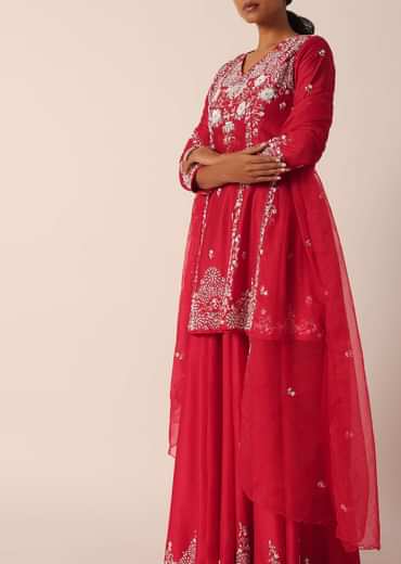 Red Sequin Embellished Kurti Palazzo Set