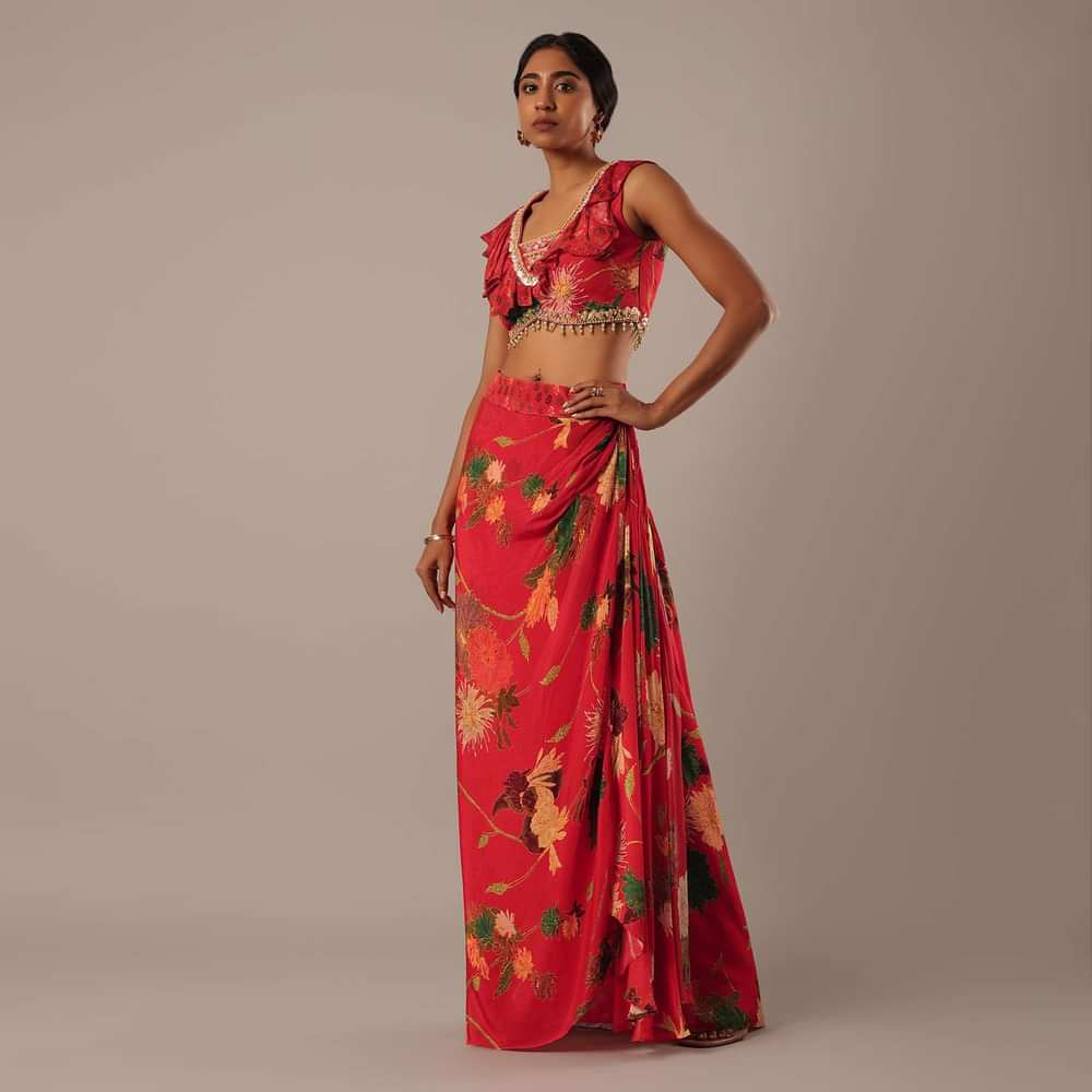 Red Sequin Embellished Blouse And Printed Skirt Set