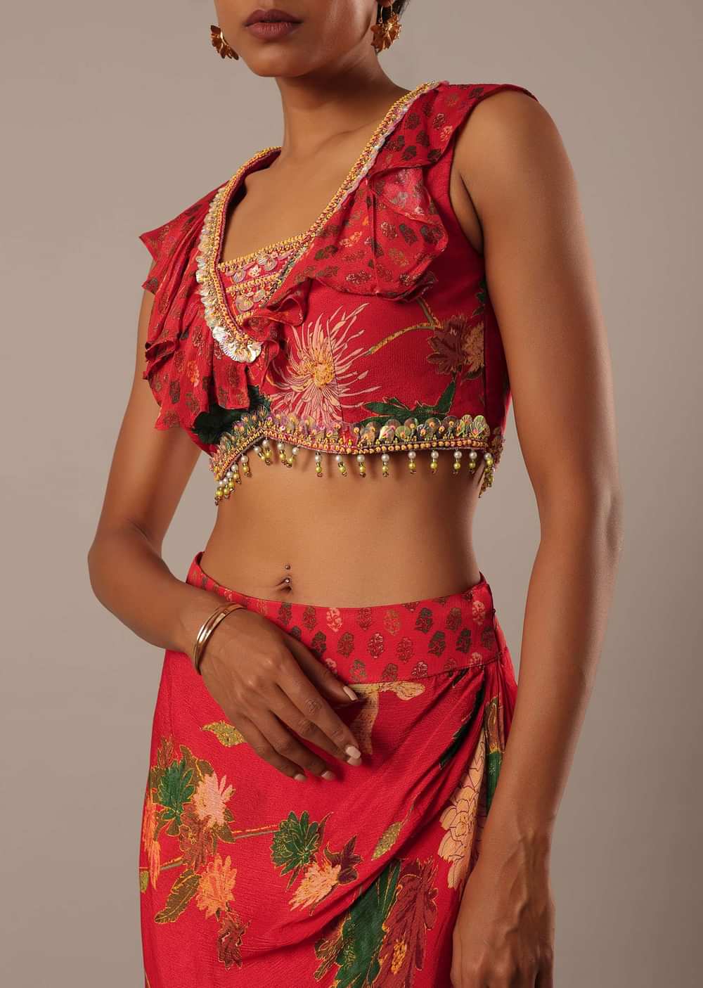 Red Sequin Embellished Blouse And Printed Skirt Set