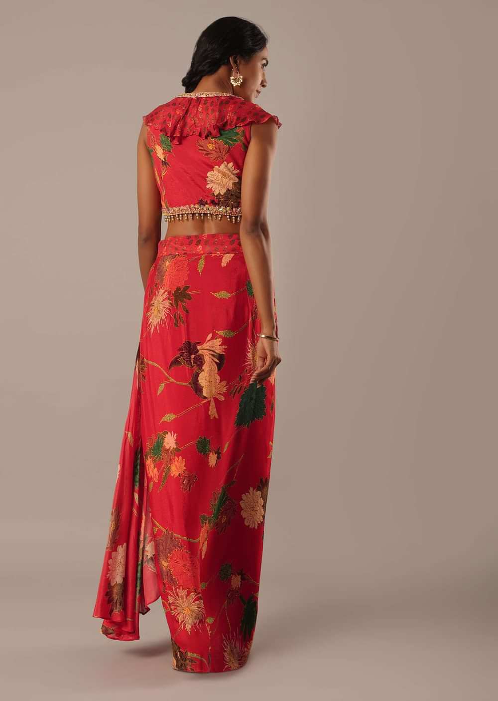 Red Sequin Embellished Blouse And Printed Skirt Set