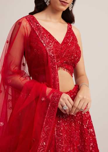 Red Sequin Embellished Lehenga Set