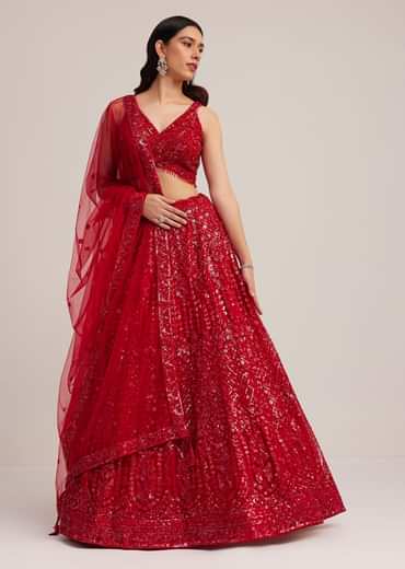 Red Sequin Embellished Lehenga Set