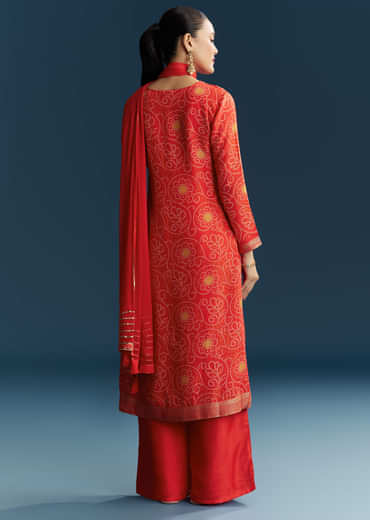 Red Silk Bandhani Palazzo Suit With Embroidery