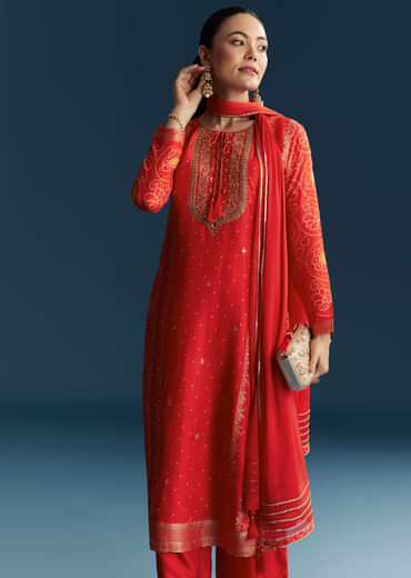 Red Silk Bandhani Palazzo Suit With Embroidery