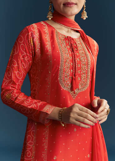 Red Silk Bandhani Palazzo Suit With Embroidery