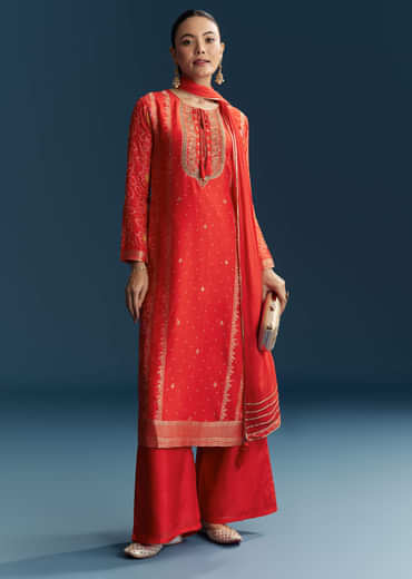 Red Silk Bandhani Palazzo Suit With Embroidery
