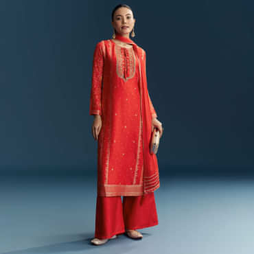 Red Silk Bandhani Palazzo Suit With Embroidery