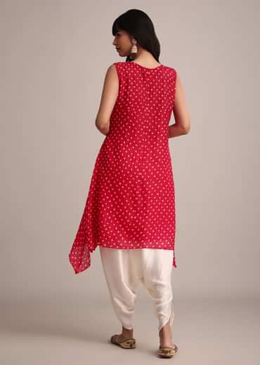 Red Silk Bandhani Print Kurta Dhoti Set