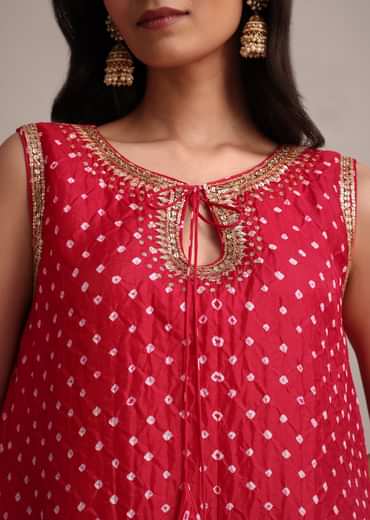 Red Silk Bandhani Print Kurta Dhoti Set