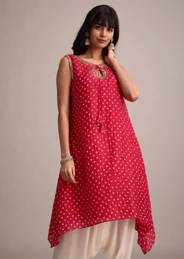 Red Silk Bandhani Print Kurta Dhoti Set