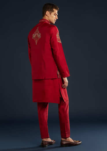 Red Silk Jacket Kurta Set With Cutdana Work