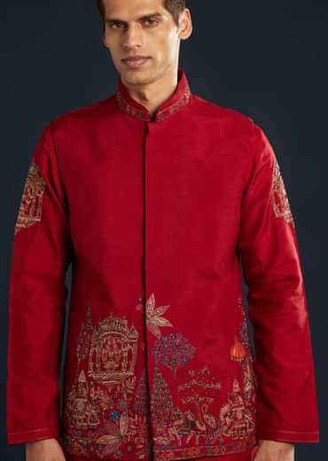 Red Silk Jacket Kurta Set With Cutdana Work