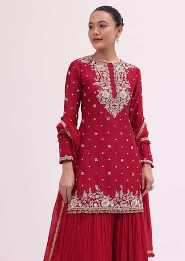Red Embroidered Silk Kurta Palazzo Set
