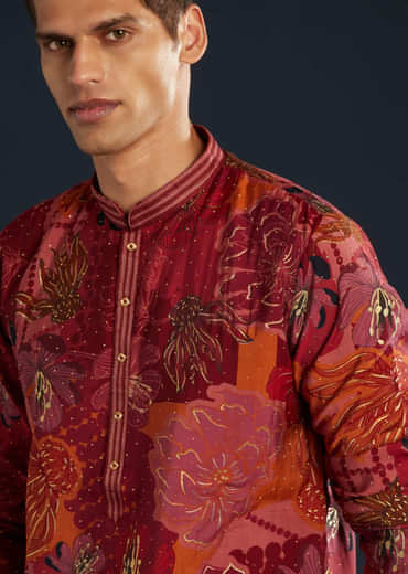 Red Silk Kurta Set With Foil Work