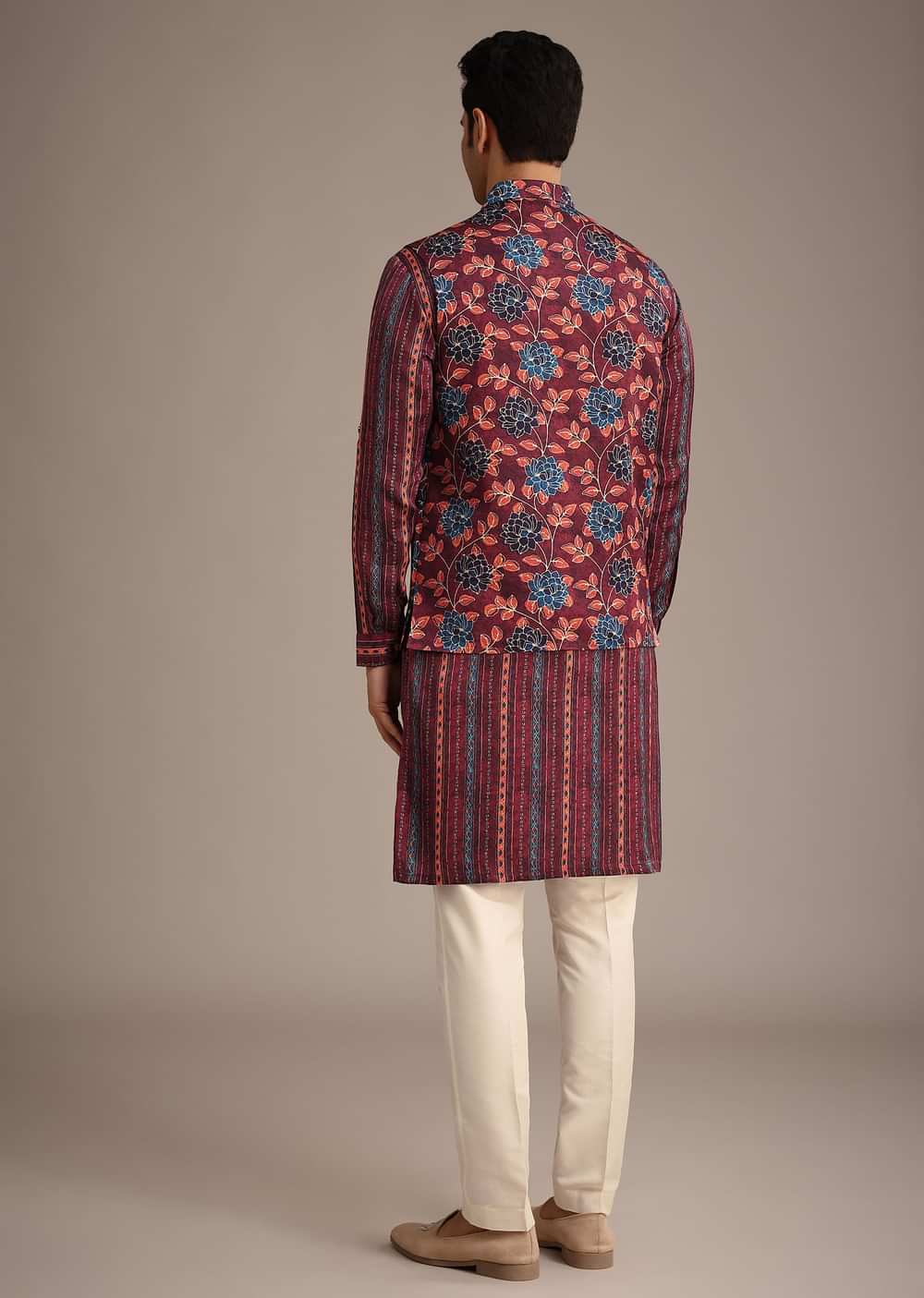 Red Silk Printed Jacket And Kurta Set