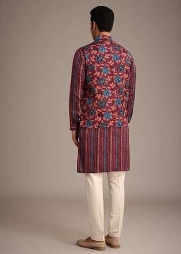 Red Silk Printed Jacket And Kurta Set
