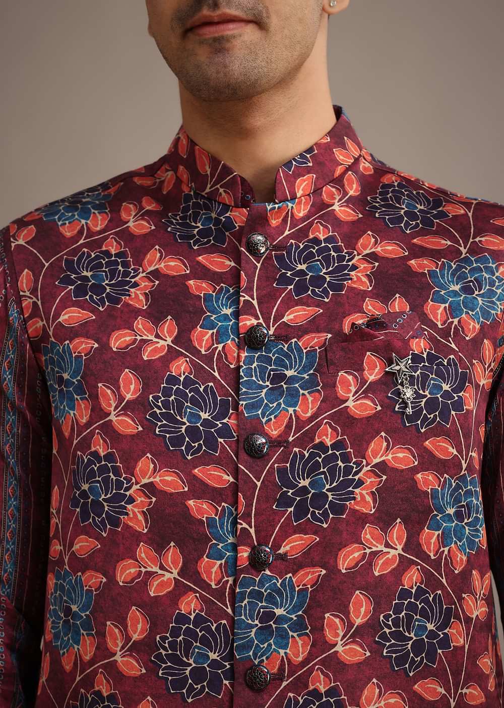 Red Silk Printed Jacket And Kurta Set