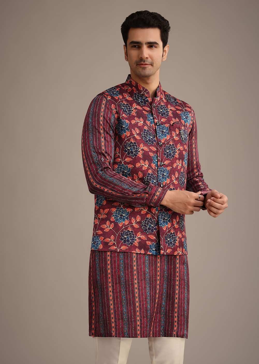 Red Silk Printed Jacket And Kurta Set
