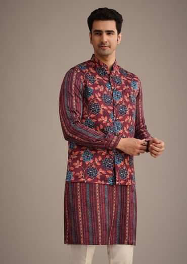 Red Silk Printed Jacket And Kurta Set