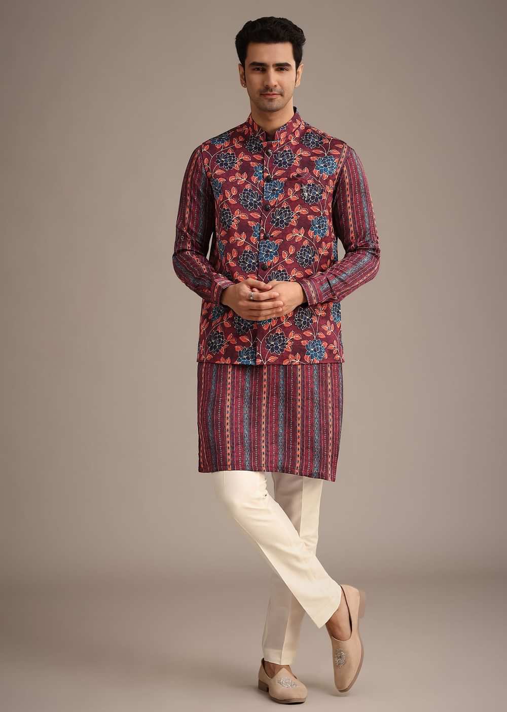 Red Silk Printed Jacket And Kurta Set