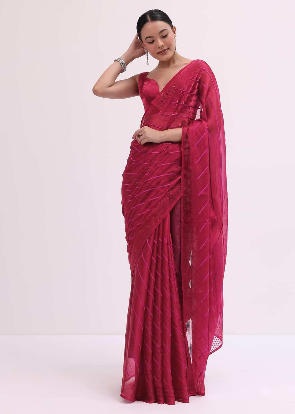 Red Stone Embroidered Saree With Unstitched Blouse