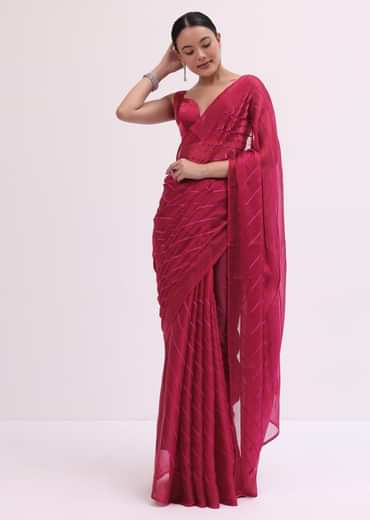 Red Stone Embroidered Saree With Unstitched Blouse