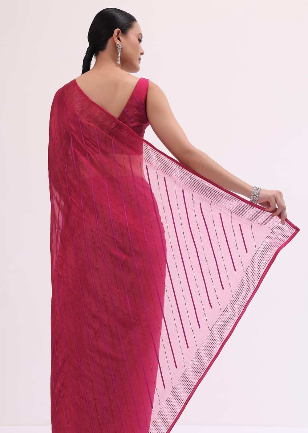 Red Stone Embroidered Saree With Unstitched Blouse