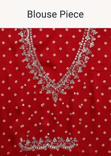 Red Traditional Ajrakh Print Satin Saree With Embellished Scallop Border And Unstitched Blouse