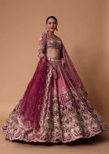 Red Velvet Silk 16 Kali Zardosi Lehenga With Crystal Blouse And Two Dupattas
