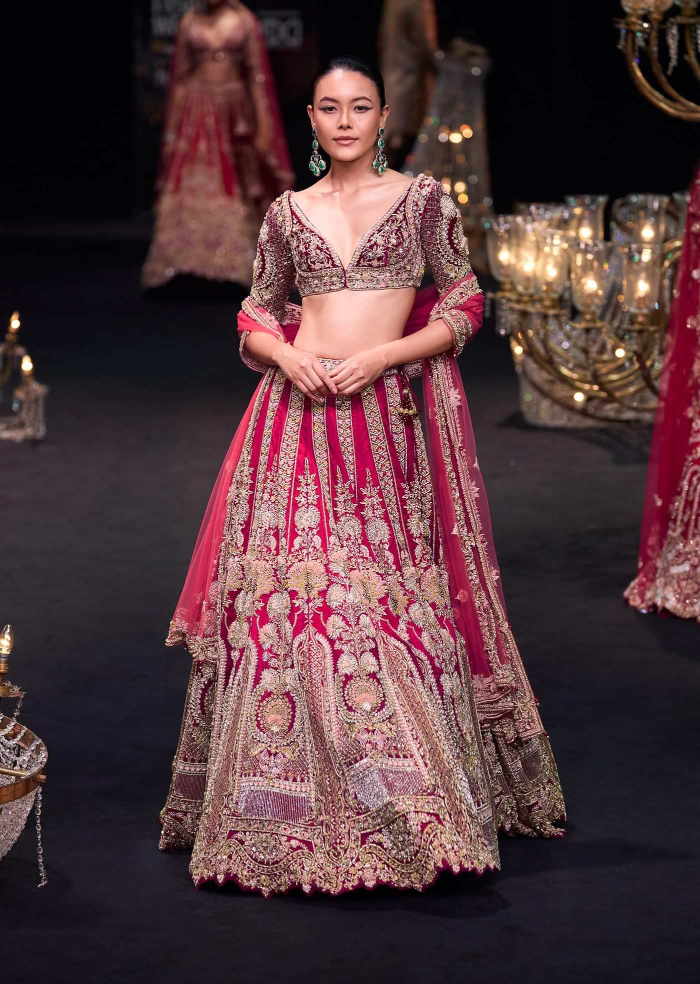 Red Velvet Raw Silk 16 Kali Zardosi Lehenga With Pearl Blouse Set
