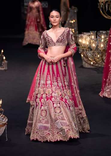 Red Velvet Raw Silk 16 Kali Zardosi Lehenga With Pearl Blouse Set