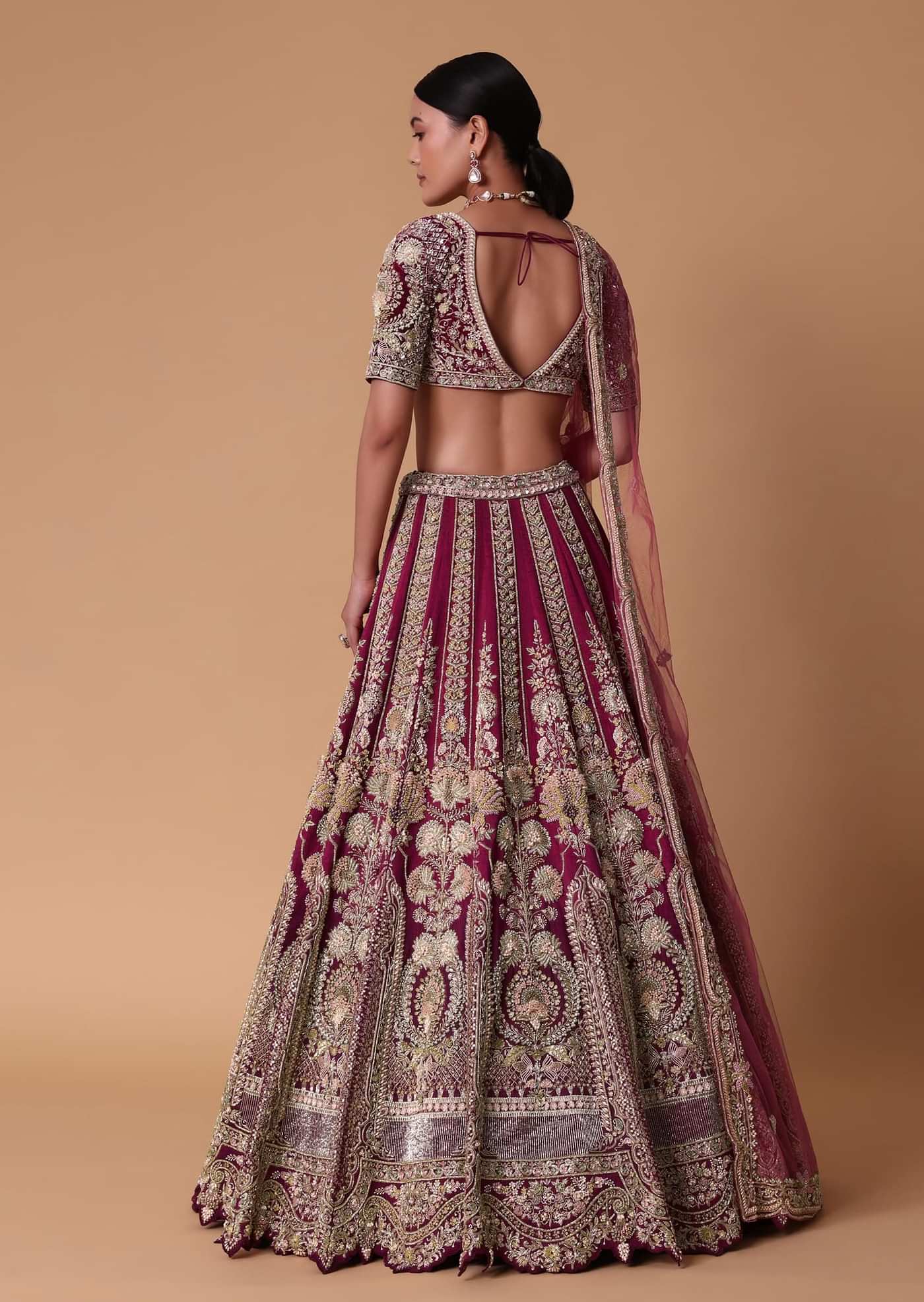 Red Velvet Raw Silk 16 Kali Zardosi Lehenga With Pearl Blouse Set