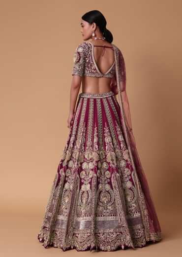 Red Velvet Raw Silk 16 Kali Zardosi Lehenga With Pearl Blouse Set
