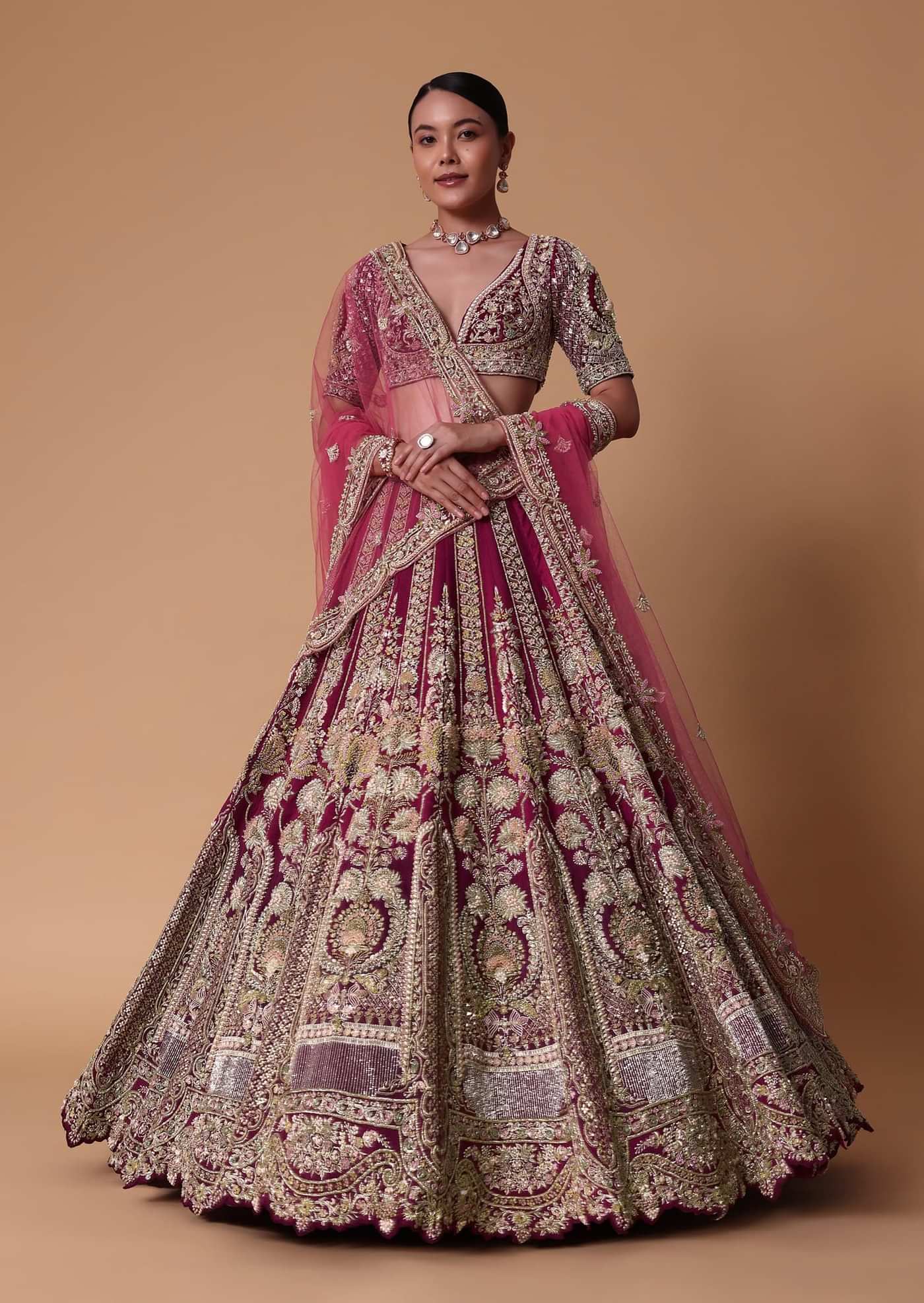Red Velvet Raw Silk 16 Kali Zardosi Lehenga With Pearl Blouse Set