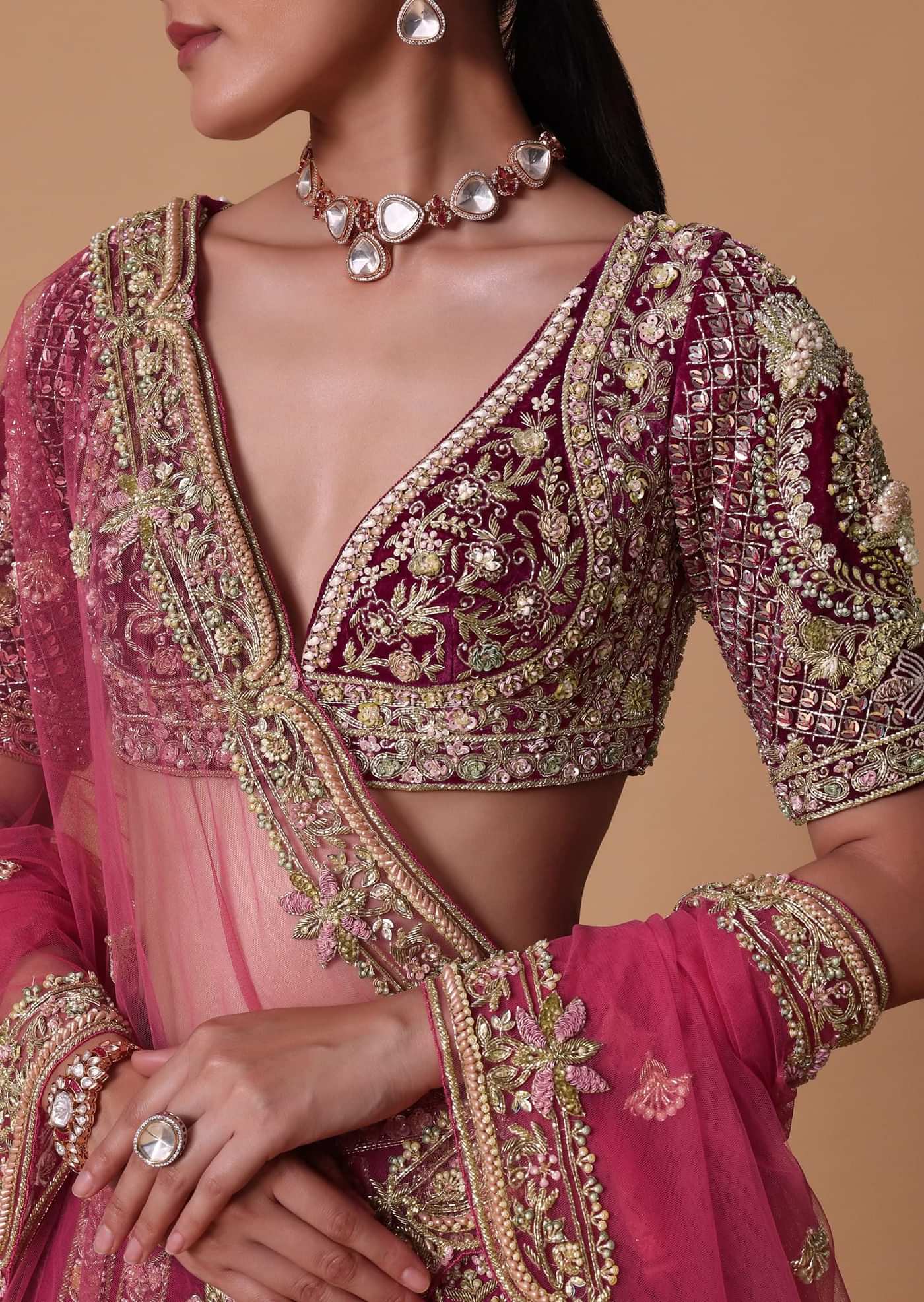 Red Velvet Raw Silk 16 Kali Zardosi Lehenga With Pearl Blouse Set