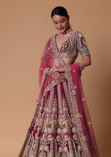 Red Velvet Raw Silk 16 Kali Zardosi Lehenga With Pearl Blouse Set