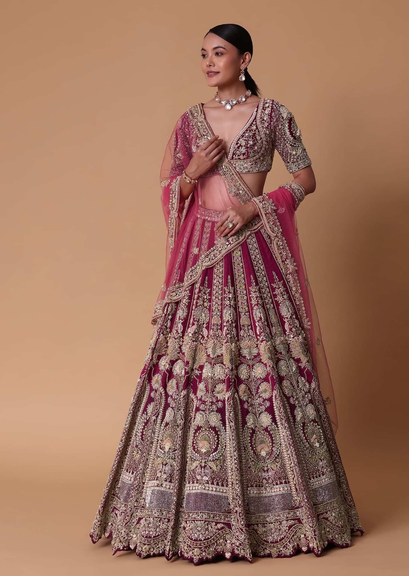 Red Velvet Raw Silk 16 Kali Zardosi Lehenga With Pearl Blouse Set