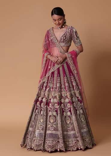 Red Velvet Raw Silk 16 Kali Zardosi Lehenga With Pearl Blouse Set